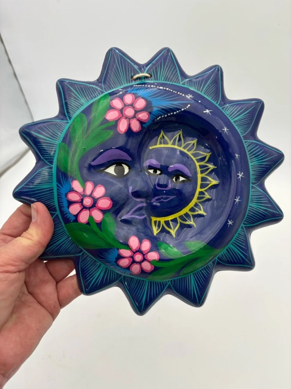 Hand-Painted Terracotta Sun & Moon Wall Plaque - Deep Blue with Pink Flowers